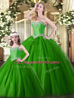 Sweetheart Sleeveless Quince Ball Gowns Floor Length Beading Green Tulle