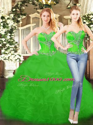 Green Two Pieces Sweetheart Sleeveless Organza Floor Length Lace Up Beading and Ruffles Quinceanera Dresses