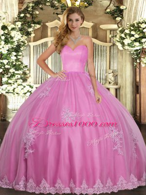 Chic Rose Pink 15th Birthday Dress Military Ball and Sweet 16 and Quinceanera with Beading and Appliques Sweetheart Sleeveless Lace Up