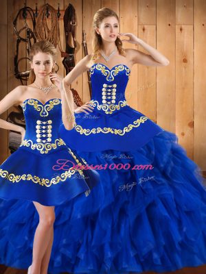 Blue Sleeveless Floor Length Embroidery and Ruffles Lace Up 15th Birthday Dress