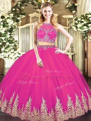 Free and Easy Sleeveless Floor Length Beading and Appliques Zipper Quince Ball Gowns with Hot Pink