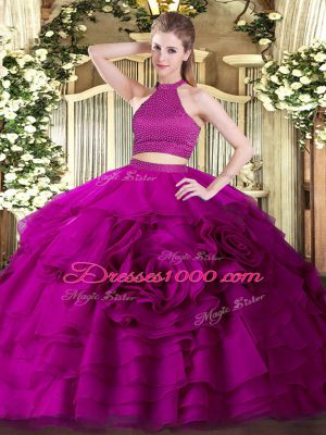 Fuchsia Sleeveless Tulle Backless Quinceanera Gown for Military Ball and Sweet 16 and Quinceanera