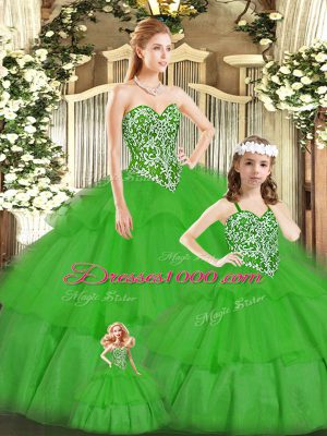 Elegant Sweetheart Sleeveless Quince Ball Gowns Floor Length Beading Green Tulle