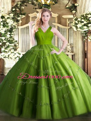 Vintage Olive Green V-neck Zipper Beading Quinceanera Gown Sleeveless