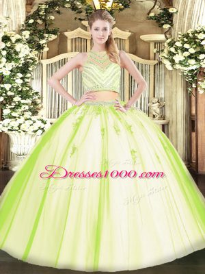 Yellow Green Two Pieces Tulle Scoop Sleeveless Beading Floor Length Zipper 15th Birthday Dress