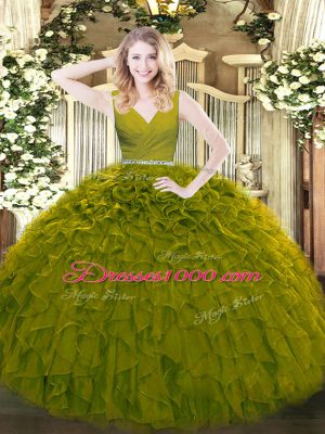 High Quality Olive Green Ball Gowns Tulle V-neck Sleeveless Beading and Ruffles Floor Length Zipper Quinceanera Gown