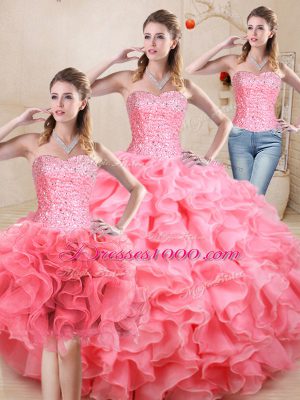 Dazzling Watermelon Red Lace Up Quinceanera Gowns Beading and Ruffles Sleeveless Floor Length
