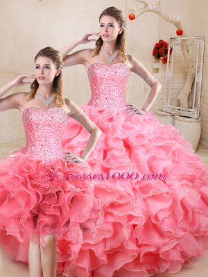 Dazzling Watermelon Red Lace Up Quinceanera Gowns Beading and Ruffles Sleeveless Floor Length