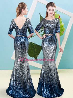 Half Sleeves Floor Length Sequins and Belt Zipper Evening Dress with Multi-color