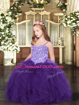 Stylish Floor Length Lace Up Little Girls Pageant Dress Purple for Party and Quinceanera with Appliques and Ruffles