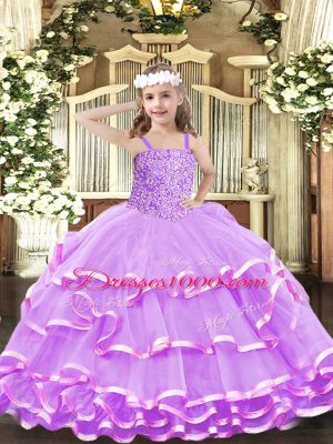 Lilac Little Girls Pageant Dress Wholesale Party and Quinceanera with Beading and Ruffled Layers Straps Sleeveless Lace Up