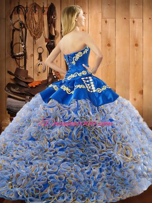 Multi-color Ball Gowns Embroidery Sweet 16 Quinceanera Dress Lace Up Satin and Fabric With Rolling Flowers Sleeveless Floor Length