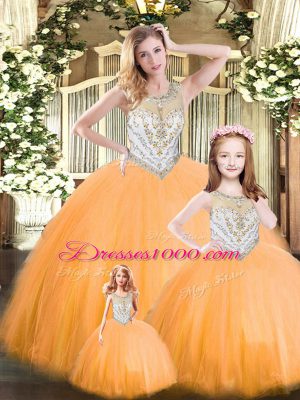 Sleeveless Tulle Floor Length Lace Up Quinceanera Dress in Orange Red with Beading