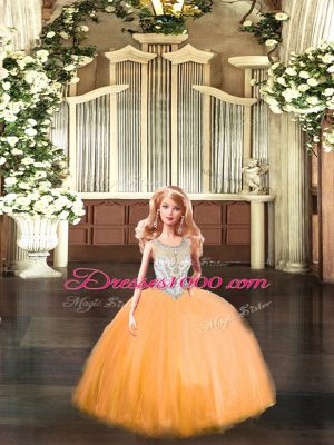 Sleeveless Tulle Floor Length Lace Up Quinceanera Dress in Orange Red with Beading