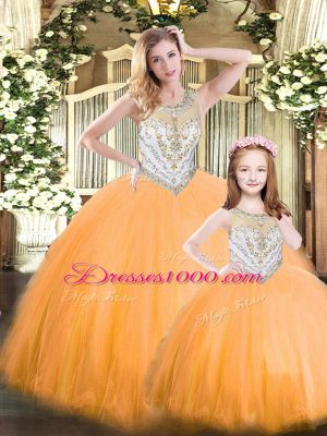 Sleeveless Tulle Floor Length Lace Up Quinceanera Dress in Orange Red with Beading