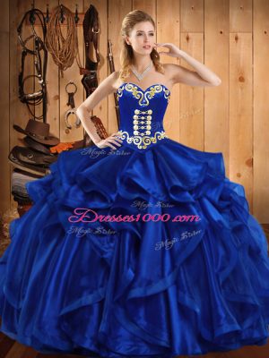 Beautiful Royal Blue Sweetheart Neckline Embroidery and Ruffles Sweet 16 Quinceanera Dress Sleeveless Lace Up