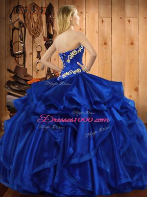 Beautiful Royal Blue Sweetheart Neckline Embroidery and Ruffles Sweet 16 Quinceanera Dress Sleeveless Lace Up