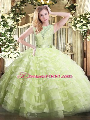 Ball Gowns Quince Ball Gowns Yellow Green Scoop Organza Sleeveless Floor Length Backless