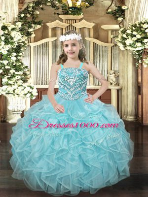 Popular Ball Gowns Little Girl Pageant Gowns Light Blue Straps Organza Sleeveless Floor Length Lace Up