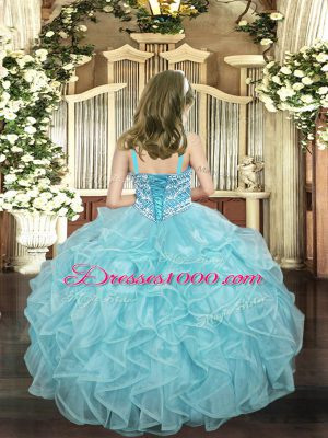 Popular Ball Gowns Little Girl Pageant Gowns Light Blue Straps Organza Sleeveless Floor Length Lace Up