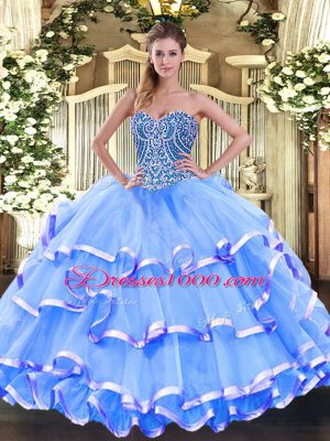 Floor Length Baby Blue Sweet 16 Dress Organza Sleeveless Beading and Ruffled Layers