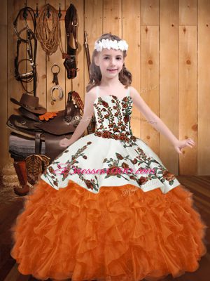 Orange Red Straps Neckline Embroidery and Ruffles Juniors Party Dress Sleeveless Lace Up