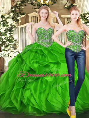 Pretty Sleeveless Floor Length Beading and Ruffles Lace Up Sweet 16 Quinceanera Dress with Green