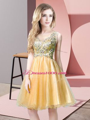 Gold Prom Evening Gown Prom and Party with Beading Scoop Sleeveless Zipper