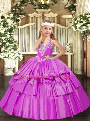Lilac Lace Up Little Girls Pageant Gowns Beading and Ruffled Layers Sleeveless Floor Length