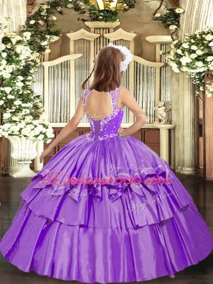 Lilac Lace Up Little Girls Pageant Gowns Beading and Ruffled Layers Sleeveless Floor Length