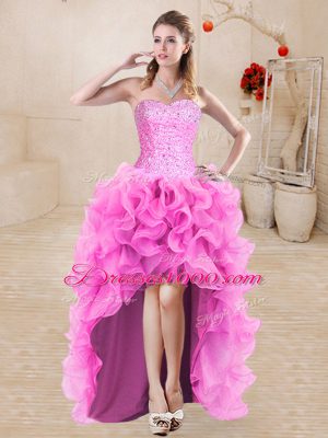 Rose Pink Sleeveless High Low Beading and Ruffles Lace Up Dress for Prom