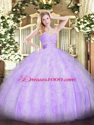 Lavender Organza Lace Up Sweetheart Sleeveless Floor Length Quince Ball Gowns Beading and Ruffles