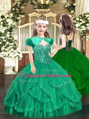 Super Tulle Straps Sleeveless Lace Up Beading and Ruffles Little Girls Pageant Dress in Turquoise