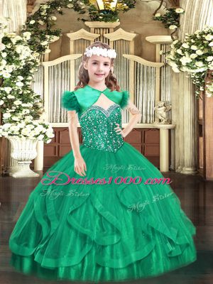 Super Tulle Straps Sleeveless Lace Up Beading and Ruffles Little Girls Pageant Dress in Turquoise