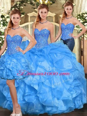 Baby Blue Sleeveless Beading and Ruffles Floor Length Quinceanera Gown