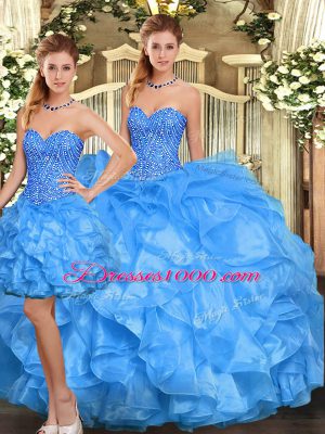 Baby Blue Sleeveless Beading and Ruffles Floor Length Quinceanera Gown