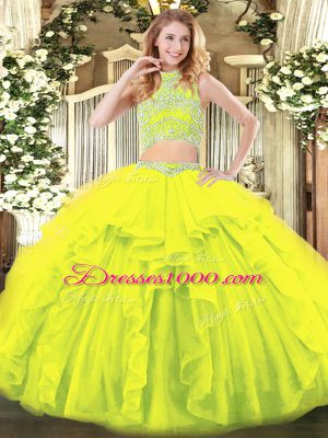 Cute Yellow Green Two Pieces Tulle High-neck Sleeveless Beading and Ruffles Floor Length Backless Quinceanera Gowns