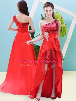 Dazzling Red Sleeveless Elastic Woven Satin and Sequined Lace Up for Prom and Party