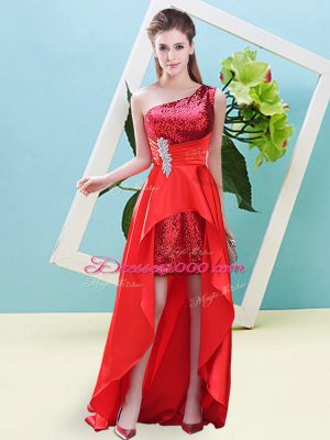 Dazzling Red Sleeveless Elastic Woven Satin and Sequined Lace Up for Prom and Party