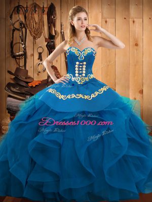 Fancy Sweetheart Sleeveless Lace Up Quinceanera Gown Blue Organza