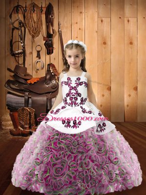 Trendy Multi-color Ball Gowns Fabric With Rolling Flowers Straps Sleeveless Embroidery Floor Length Lace Up Little Girls Pageant Dress Wholesale