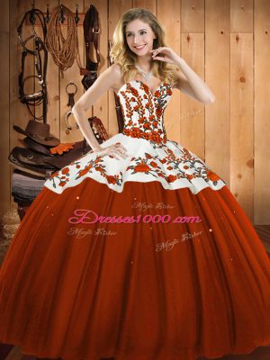 Sweetheart Sleeveless Lace Up Quinceanera Gowns Rust Red Satin and Tulle