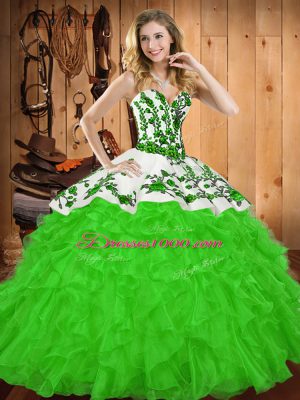 Fantastic Satin and Organza Sweetheart Sleeveless Lace Up Embroidery and Ruffles Quince Ball Gowns in