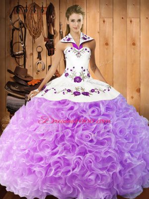 Lilac Fabric With Rolling Flowers Lace Up Halter Top Sleeveless Floor Length Quinceanera Dress Embroidery