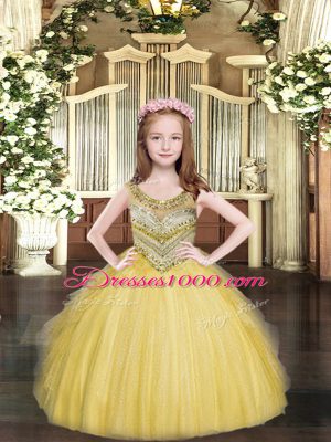 Beading and Ruffles Little Girls Pageant Dress Gold Lace Up Sleeveless Floor Length