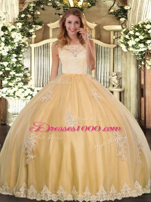 Fitting Gold Tulle Clasp Handle Scoop Sleeveless Floor Length Quince Ball Gowns Lace and Appliques