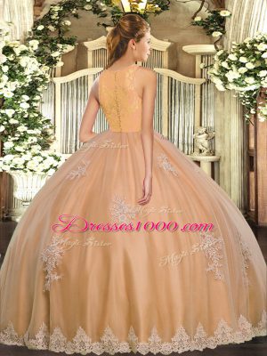 Fitting Gold Tulle Clasp Handle Scoop Sleeveless Floor Length Quince Ball Gowns Lace and Appliques