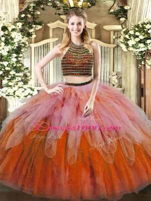 Glittering Multi-color Lace Up Quinceanera Gown Beading and Ruffles Sleeveless Floor Length