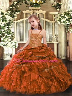 Orange Organza Zipper Straps Sleeveless Floor Length Pageant Dress Toddler Beading and Ruffles