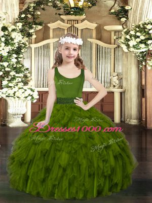 Fancy Olive Green Scoop Neckline Beading and Ruffles Pageant Gowns Sleeveless Zipper